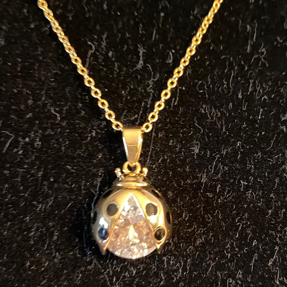 GOLD TONE LADY BUG NECKLACE  with CLEAR CRYSTALS